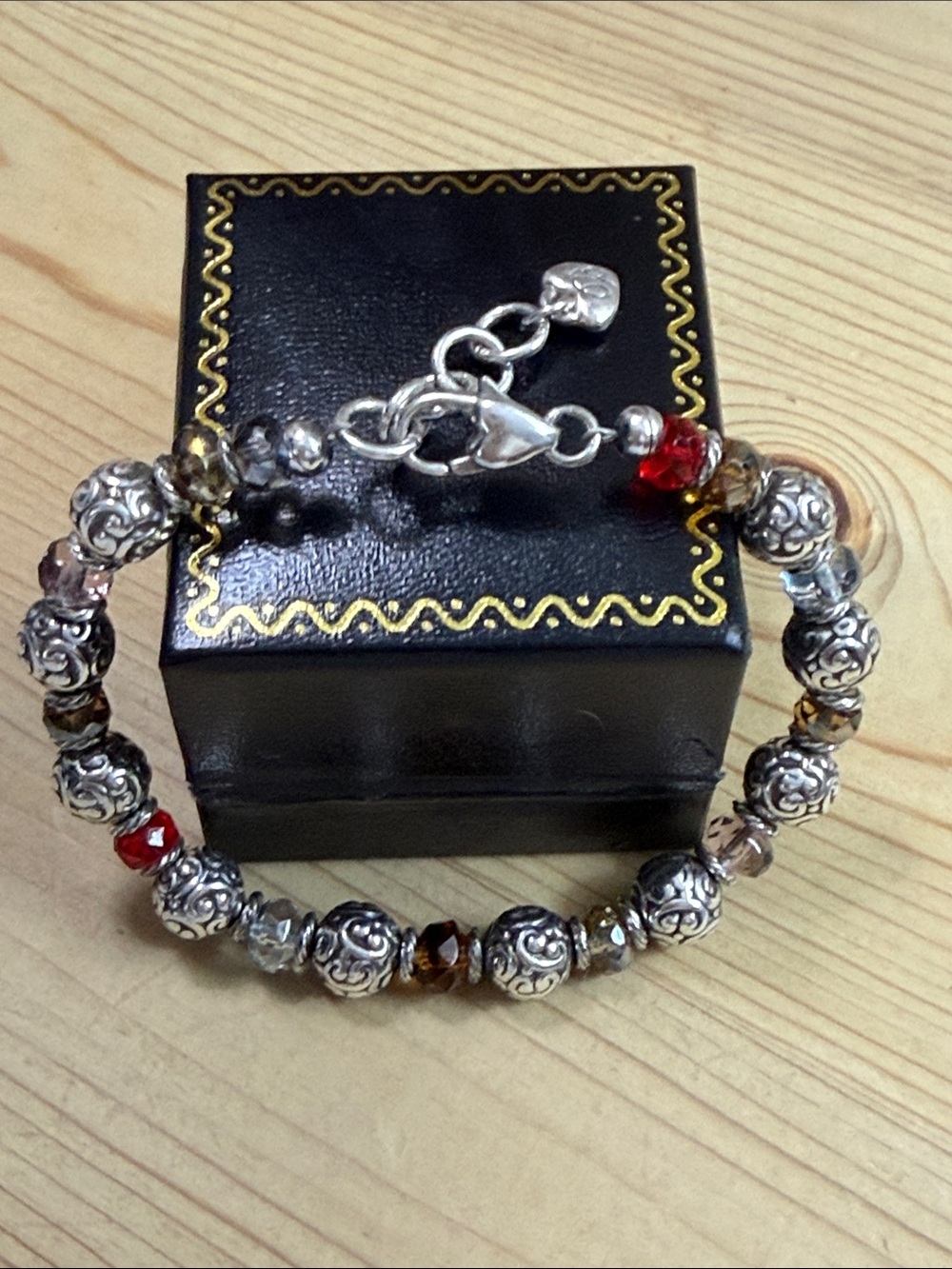 Brighton Silver Floral Bead Bracelet with Red and Brown Accents